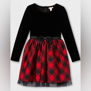 Girls Velour Buffalo Check Long Sleeve Dress Red/Black